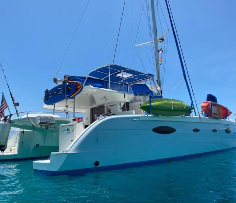 Stern view of Fontaine Pajot Salinas 48 catamaran moored in San Blas Islands Guna Yala Panama