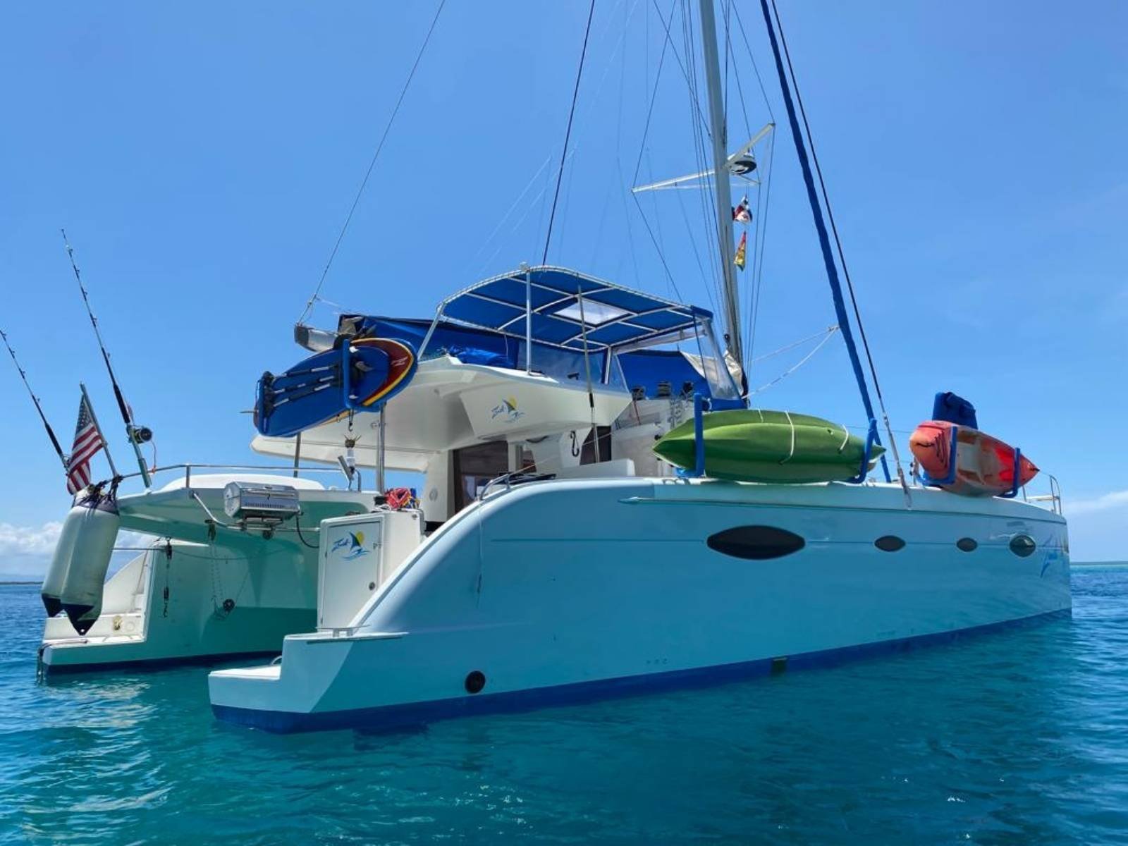 Stern view of Fontaine Pajot Salinas 48 catamaran moored in San Blas Islands Guna Yala Panama