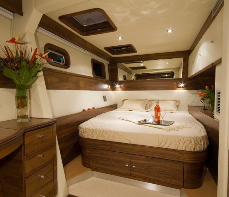 Master suite bedroom inside SunReef 62 luxury catamaran in San Blas