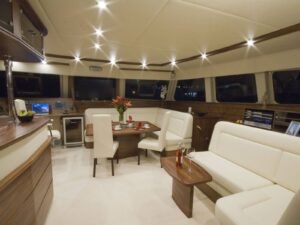 Luxury indoor salon inside SunReef 62 catamaran in San Blas with elegant lounge area