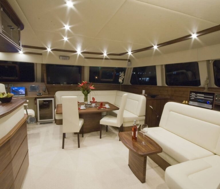 Luxury indoor salon inside SunReef 62 catamaran in San Blas with elegant lounge area