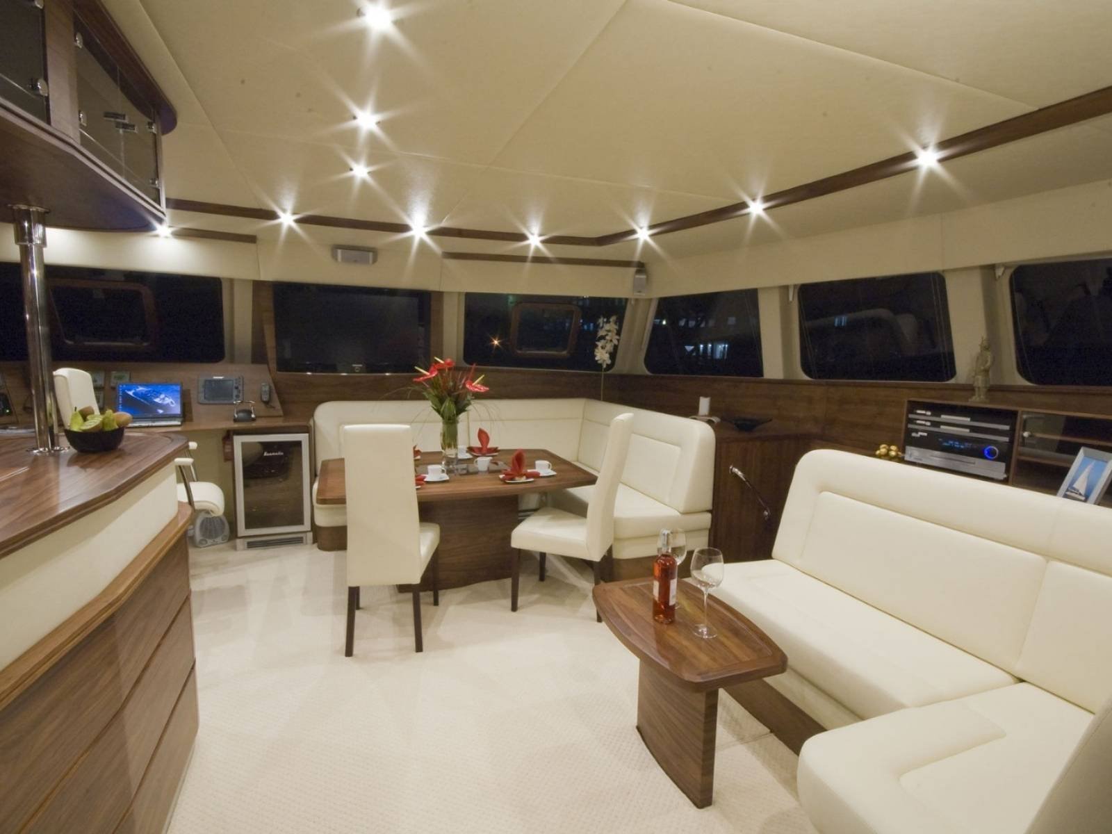 Luxury indoor salon inside SunReef 62 catamaran in San Blas with elegant lounge area