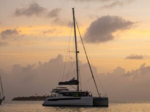 Leopard 50 VOX catamaran at sunset in San Blas Panama luxury sailing charter
