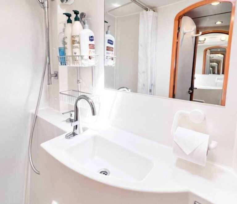 Private ensuite bathroom aboard Fontaine Pajot Salinas 48 catamaran in San Blas Panama