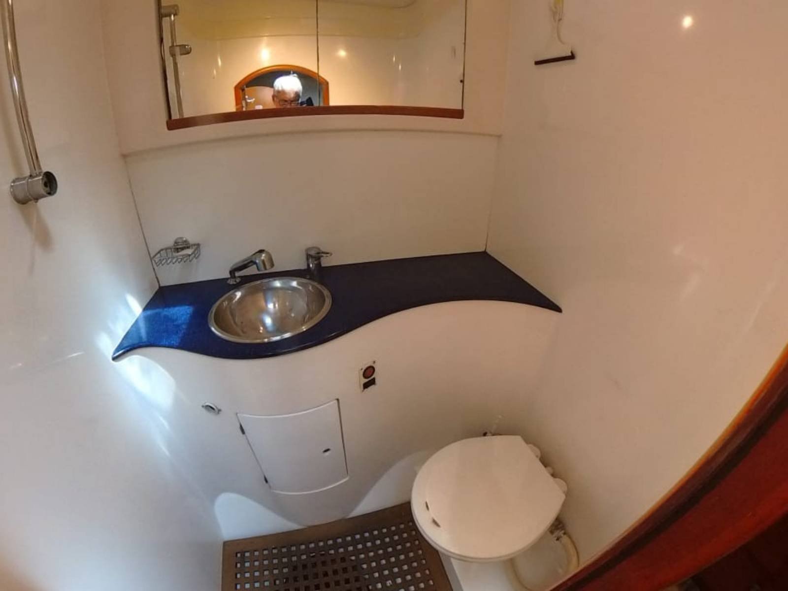 Private bathroom inside Lagoon 57 catamaran cabin in San Blas with shower and modern comfort