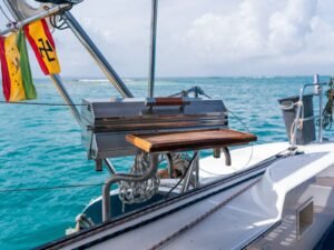 Onboard barbecue grill on Lagoon 57 catamaran in San Blas with ocean views