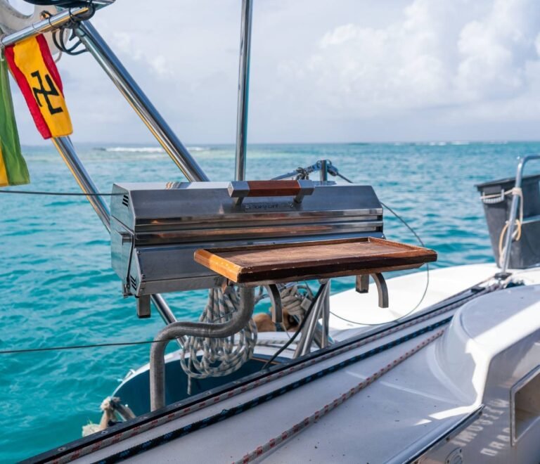 Onboard barbecue grill on Lagoon 57 catamaran in San Blas with ocean views