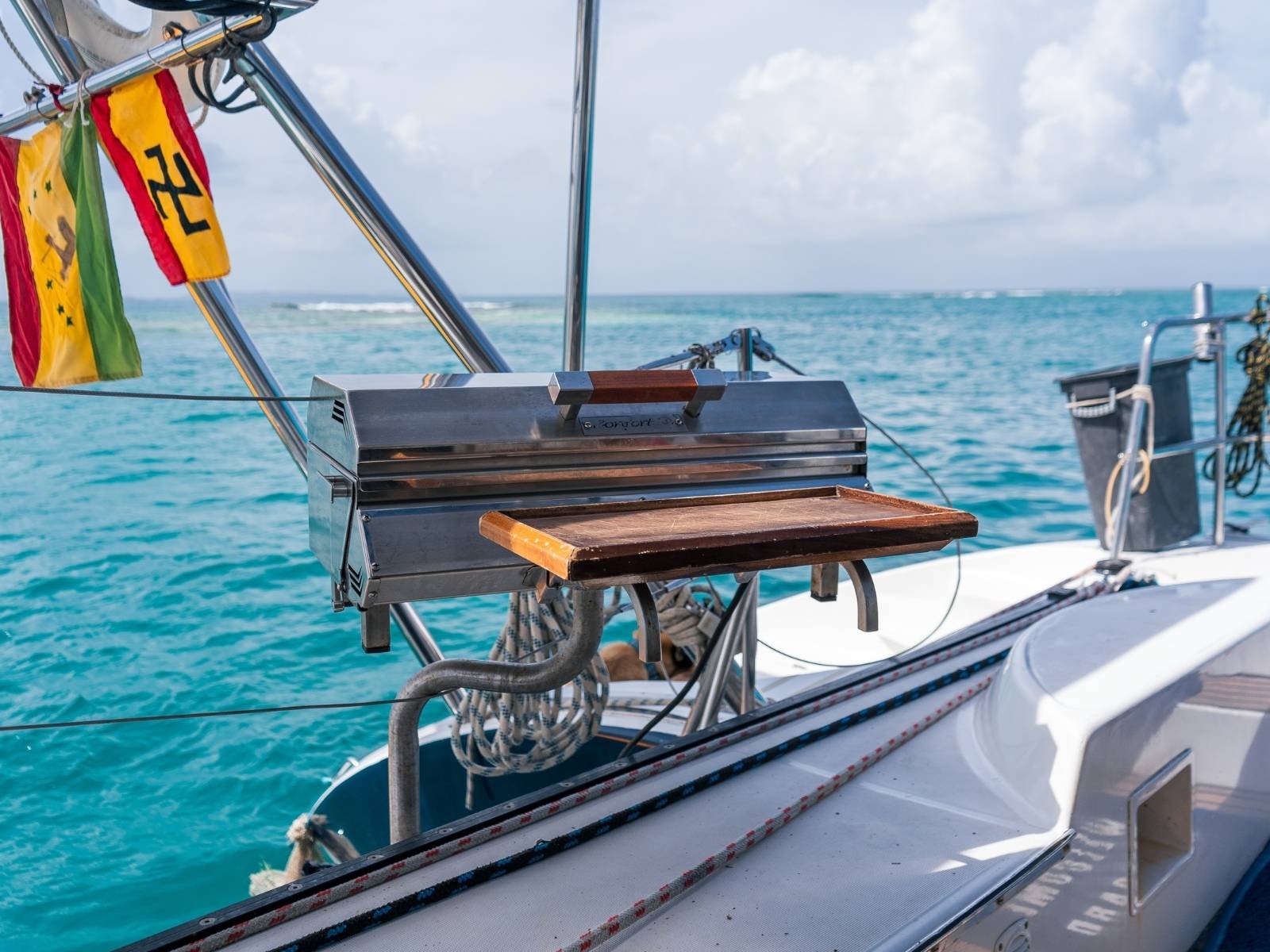 Onboard barbecue grill on Lagoon 57 catamaran in San Blas with ocean views
