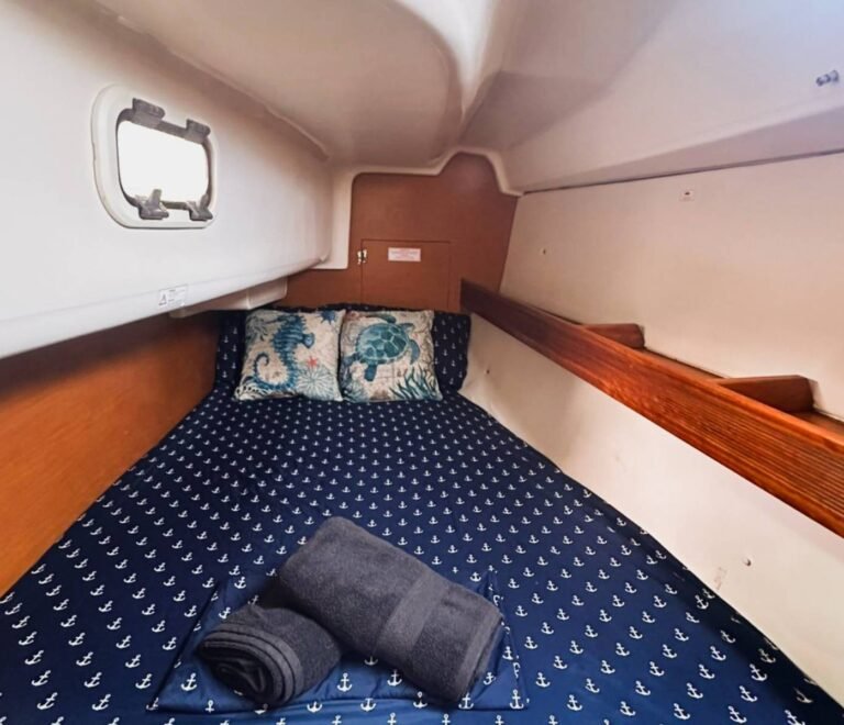 Private cabin interior of Bavaria 35 sailboat in San Blas Islands Panama