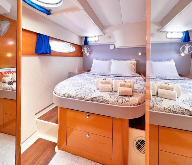 Double cabin with fresh towels aboard Fontaine Pajot Salinas 48 catamaran in San Blas Panama