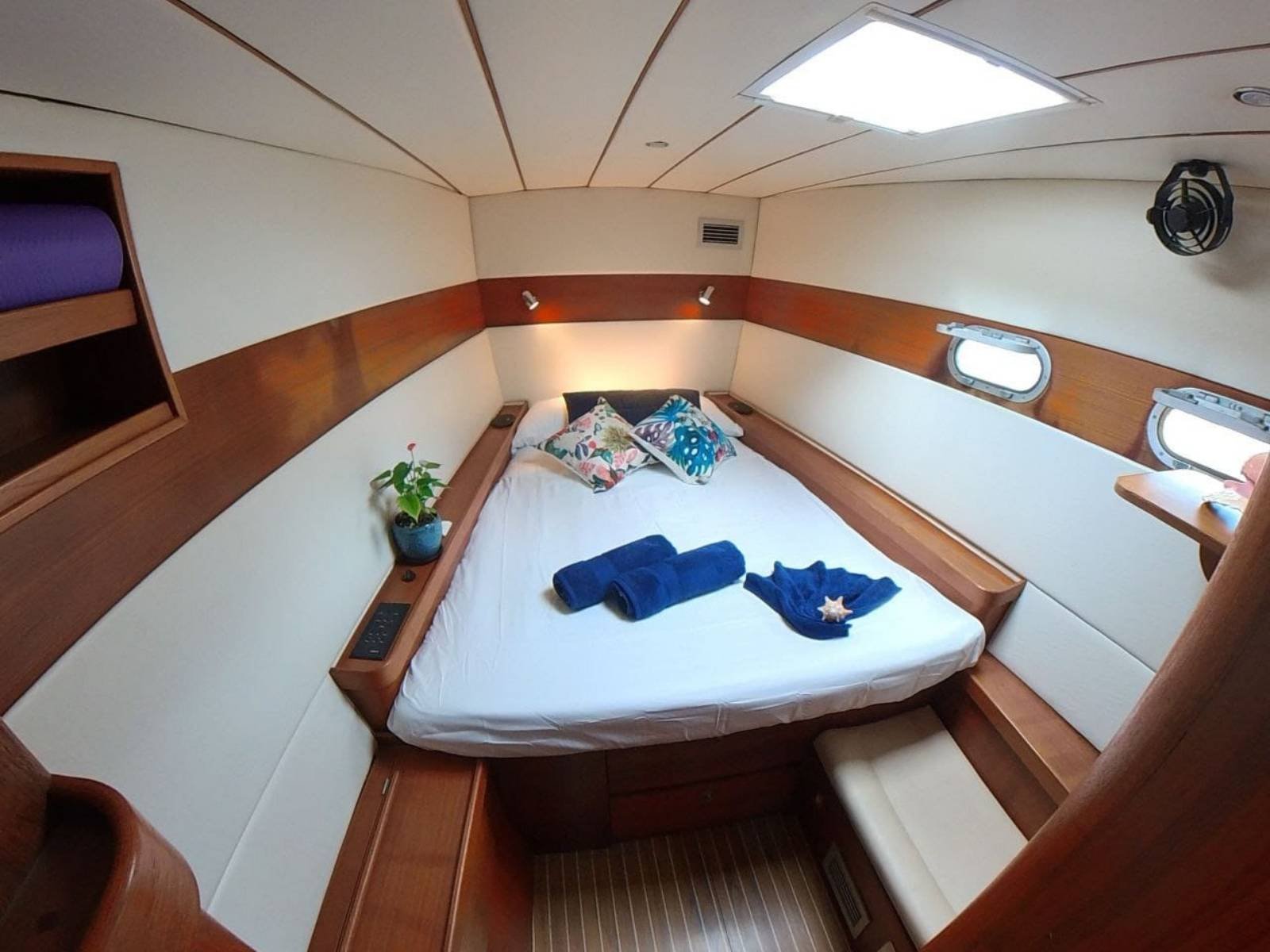 Spacious master cabin inside Lagoon 57 catamaran in San Blas with premium comfort