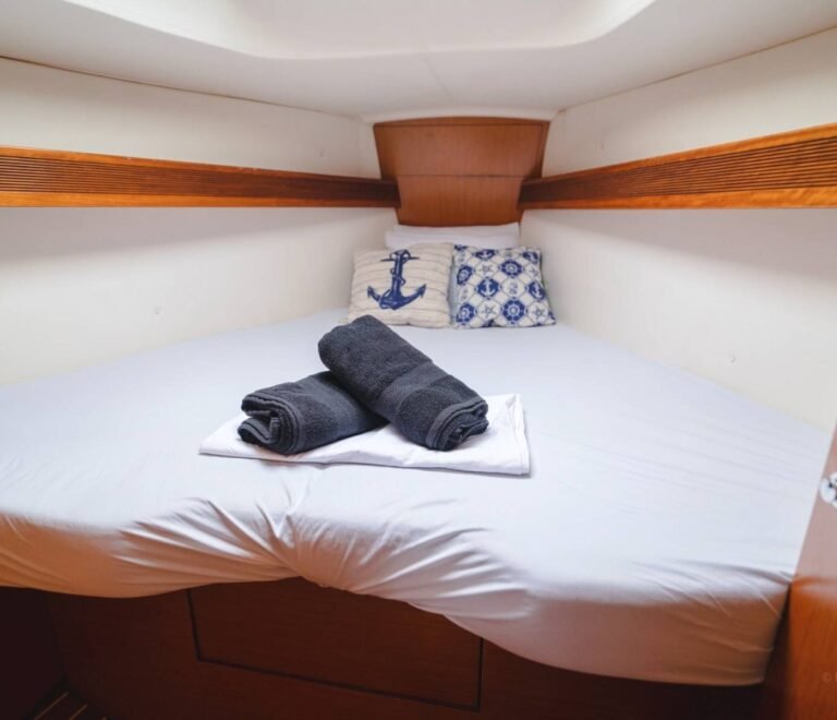 Interior cabin with natural light on sailboat anchored in San Blas Islands Panama