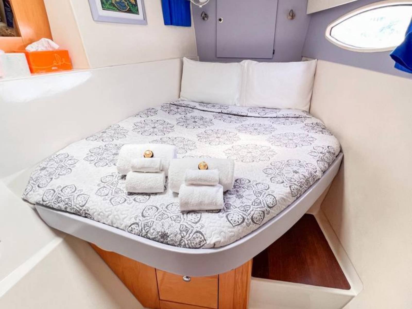 Bow cabin with V-berth bed aboard Fontaine Pajot Salinas 48 catamaran Guna Yala Panama