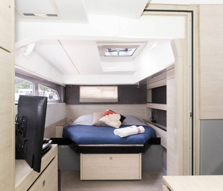 King cabin inside Leopard 50 VOX catamaran in San Blas with modern luxury design