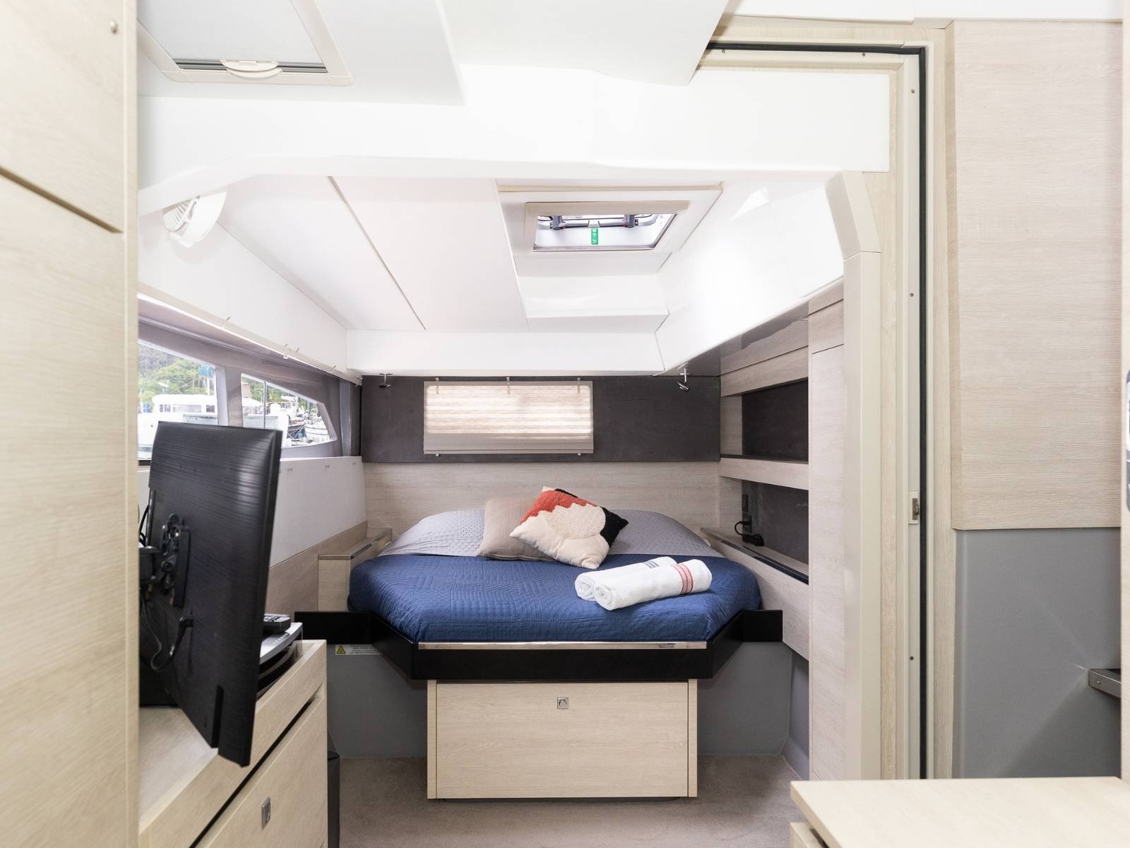 King cabin inside Leopard 50 VOX catamaran in San Blas with modern luxury design