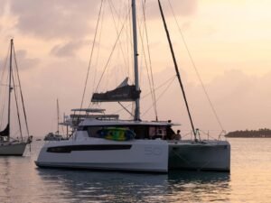 Leopard 50 VOX catamaran anchored at sunset in San Blas Panama