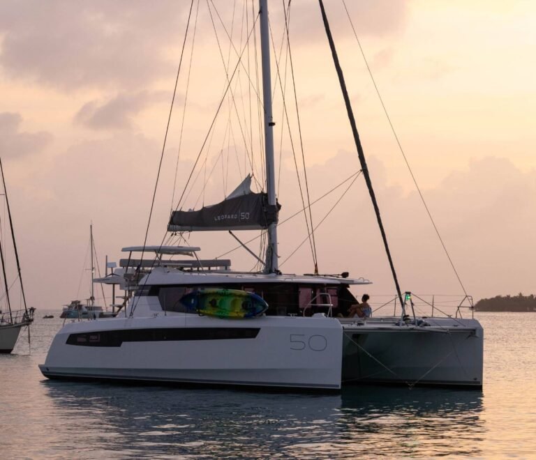Leopard 50 VOX catamaran anchored at sunset in San Blas Panama