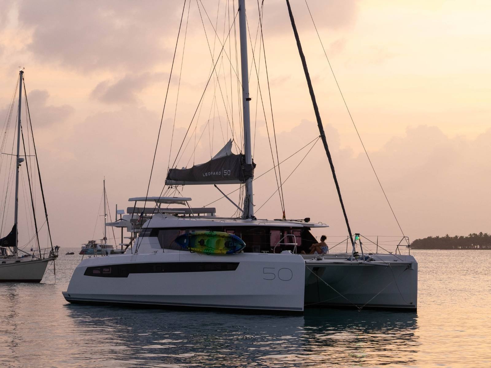 Leopard 50 VOX catamaran anchored at sunset in San Blas Panama