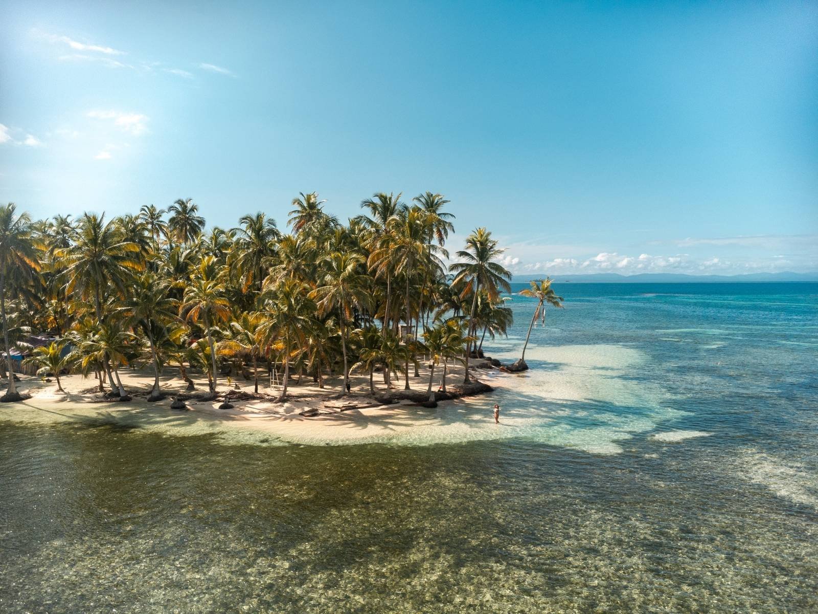 Aerial panoramic view of Chichime cay surrounded by turquoise water in Guna Yala Panama