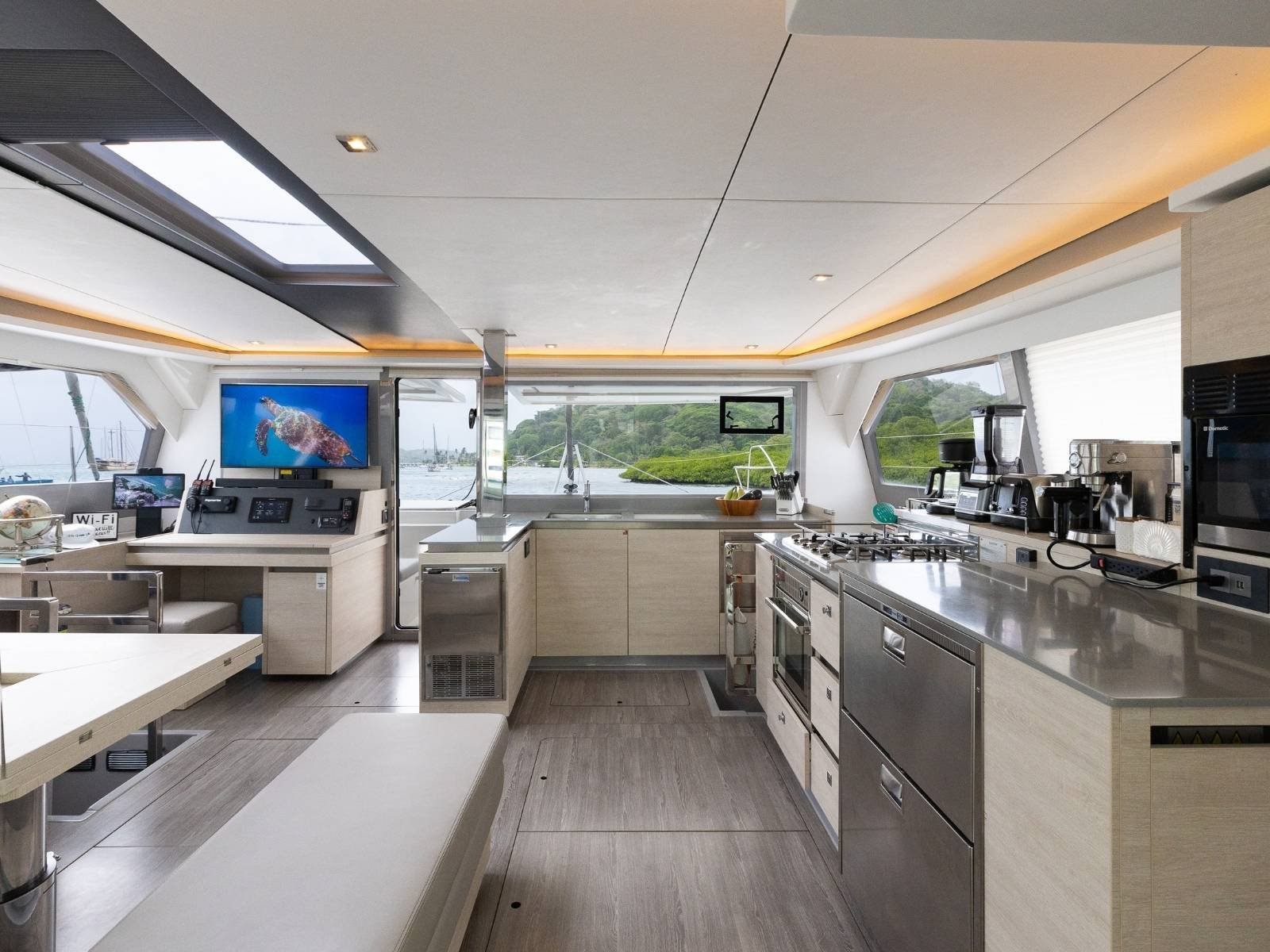 Modern kitchen inside Leopard 50 VOX catamaran in San Blas with premium finishes