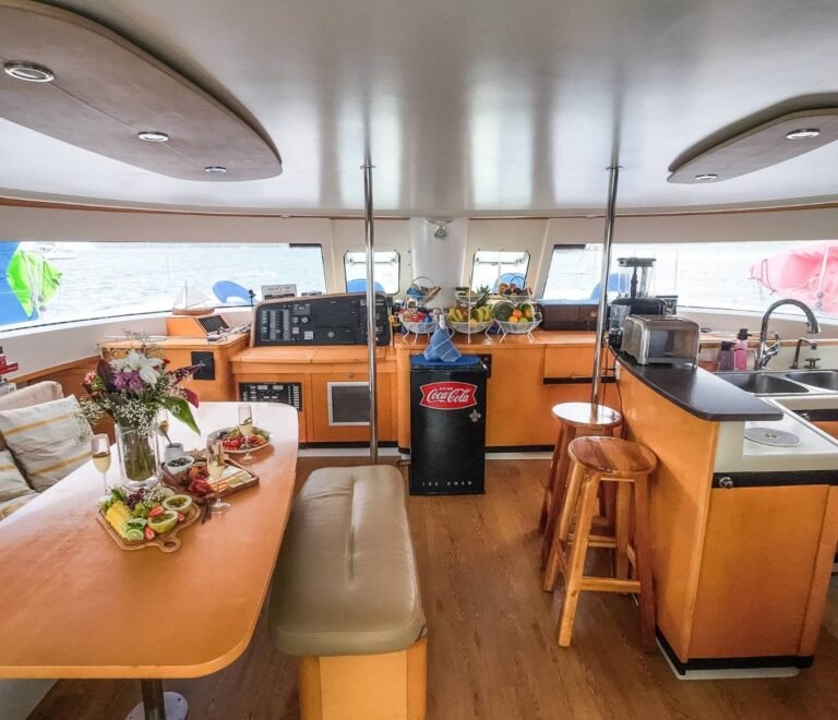 Interior de catamarán con salón y cocina durante experiencia en San Blas