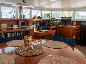 Luxury interior salon and dining room inside Lagoon 57 catamaran in San Blas