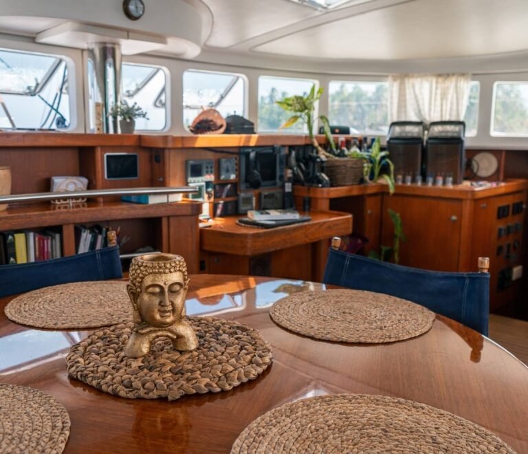 Luxury interior salon and dining room inside Lagoon 57 catamaran in San Blas