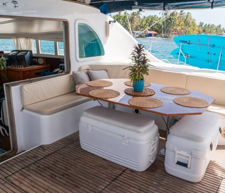 Outdoor dining and lounge cockpit on Lagoon 57 catamaran in San Blas