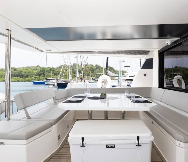 Outdoor cockpit lounge area on Leopard 50 VOX catamaran in San Blas