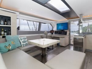 Luxury interior dining salon inside Leopard 50 VOX catamaran in San Blas