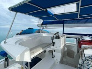 Helm station and navigation cockpit of Fontaine Pajot Salinas 48 catamaran in San Blas Panama