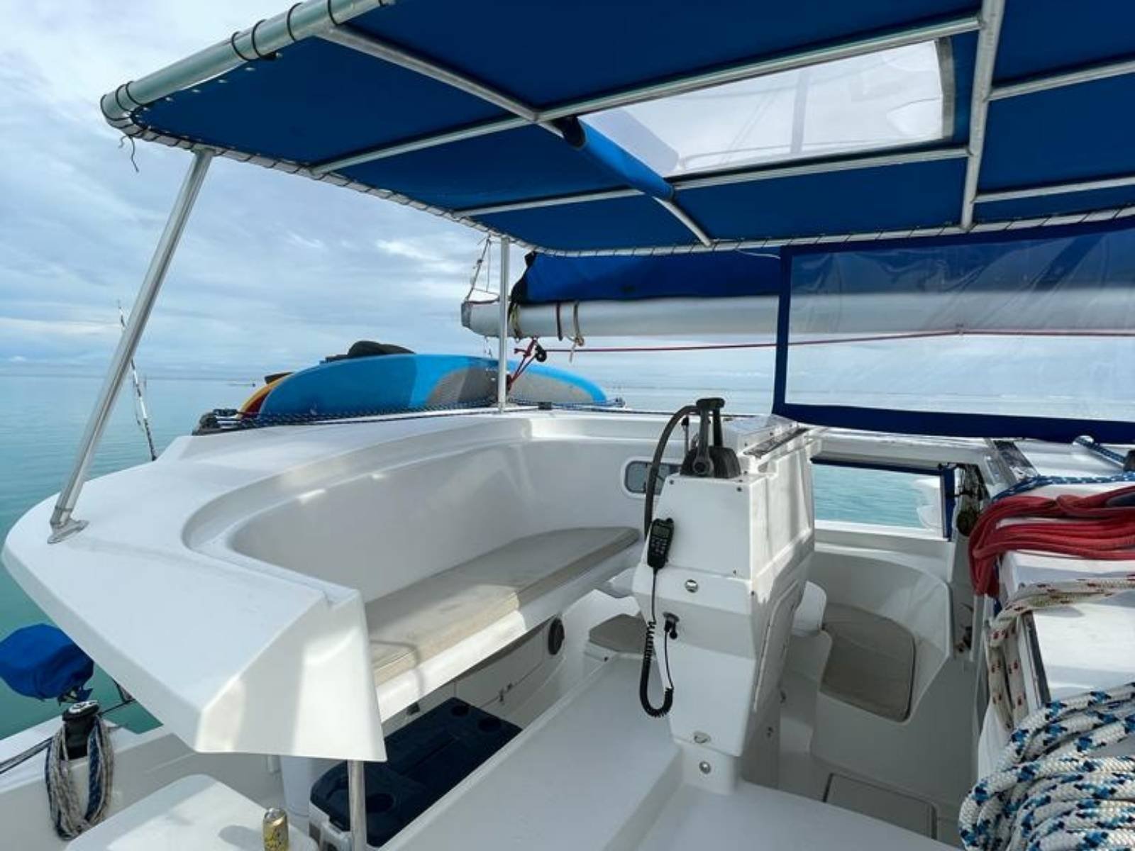 Helm station and navigation cockpit of Fontaine Pajot Salinas 48 catamaran in San Blas Panama