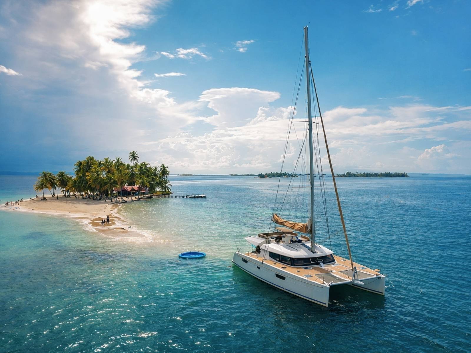 catamarán de lujo en San Blas navegando en aguas turquesas frente a isla tropical en Panamá