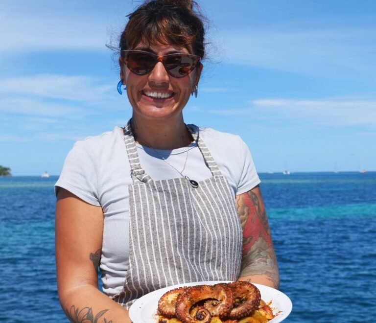 Chef onboard Lipari 41 catamaran serving fresh meal in San Blas