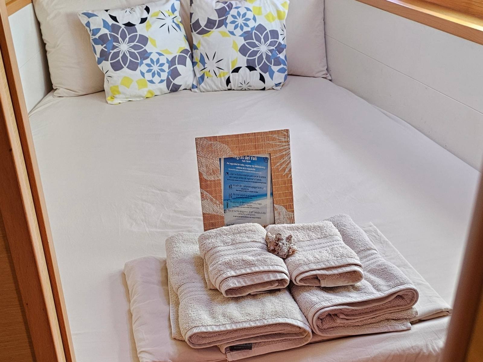 Comfortable guest cabin on Lagoon 40 DO catamaran in San Blas with fresh towels