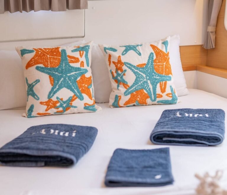 Double cabin inside Lagoon 40 catamaran in San Blas with elegant bedding