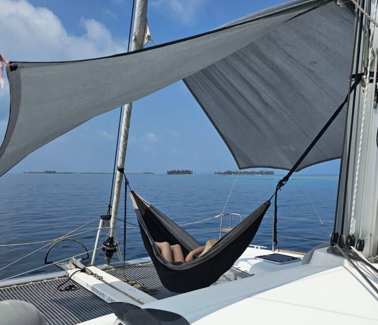 Hammock on front deck of Lagoon 400 DO catamaran in San Blas