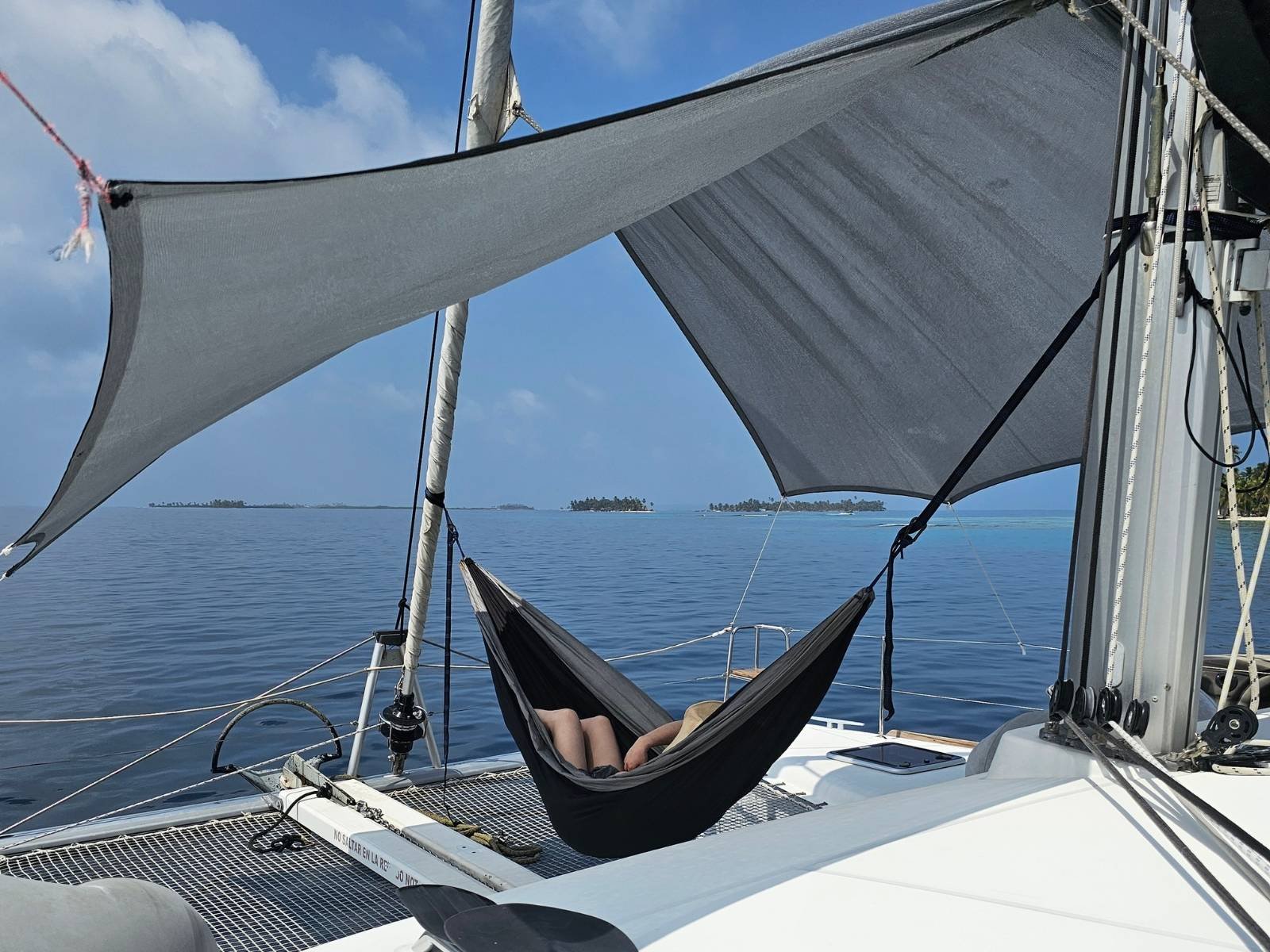 Hammock on front deck of Lagoon 400 DO catamaran in San Blas
