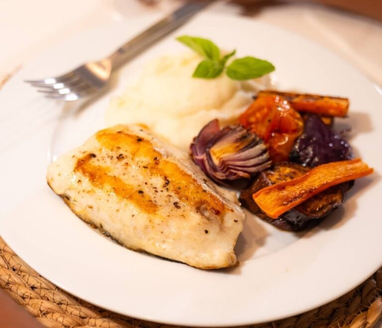 Gourmet plated meal served onboard Lagoon 40 catamaran in San Blas