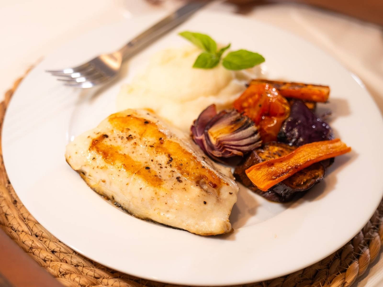 Gourmet plated meal served onboard Lagoon 40 catamaran in San Blas