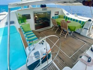 Upper deck lounge area on Lagoon 55 catamaran in San Blas