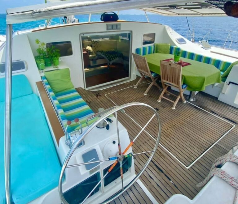 Upper deck lounge area on Lagoon 55 catamaran in San Blas