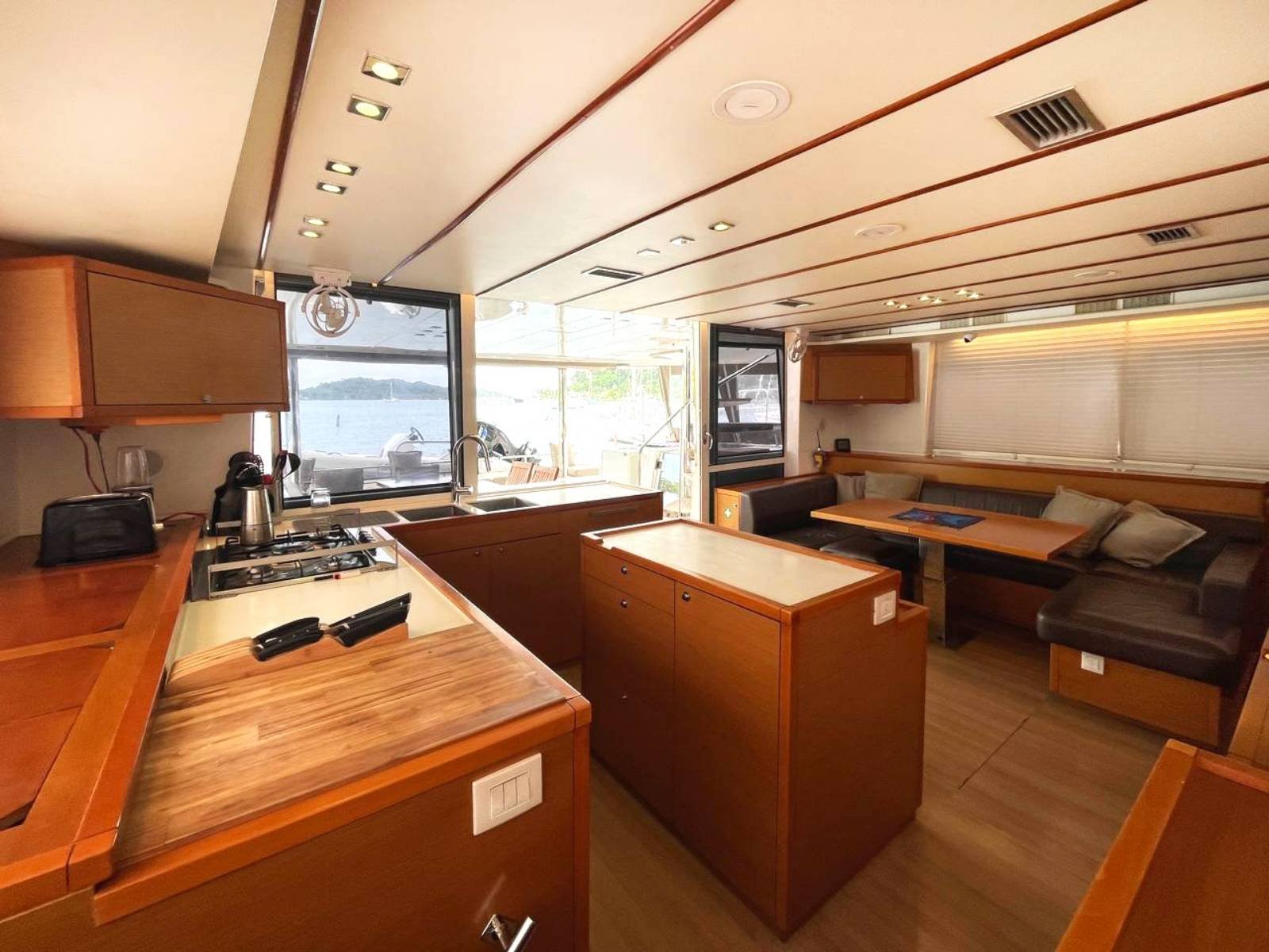 Luxury galley kitchen inside Lagoon 56 catamaran in San Blas with premium finishes