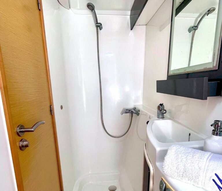 Private bathroom inside Lipari 41 catamaran cabin in San Blas with shower
