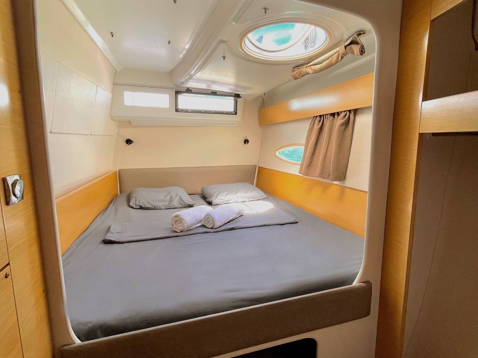 Double cabin inside Lipari 41 catamaran in San Blas with skylight window