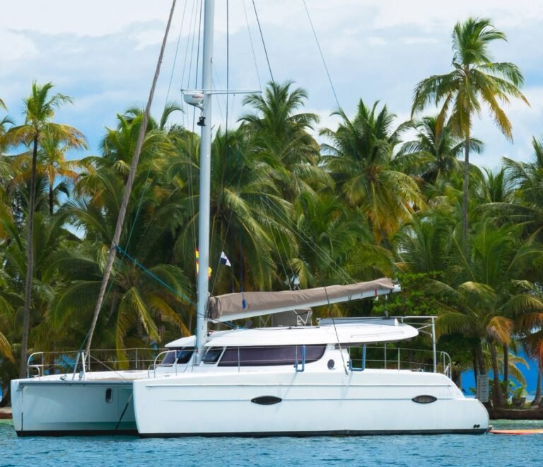 Lipari 41 catamaran anchored near tropical island in San Blas Panama
