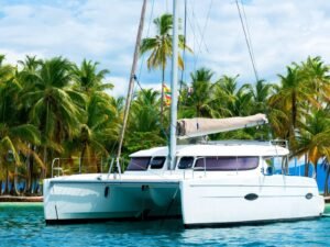 Lipari 41 catamaran side profile in turquoise waters of San Blas