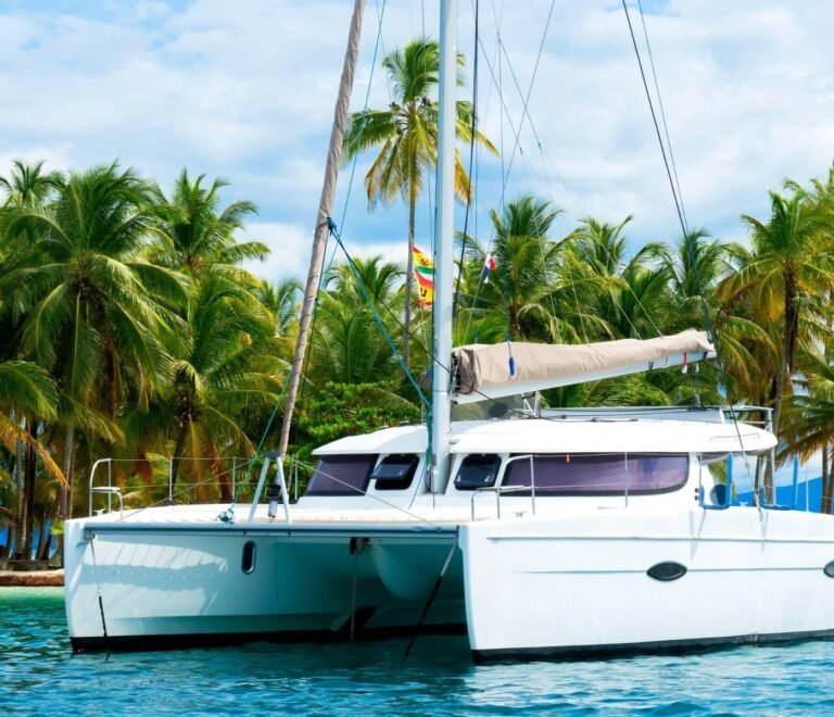 Lipari 41 catamaran side profile in turquoise waters of San Blas