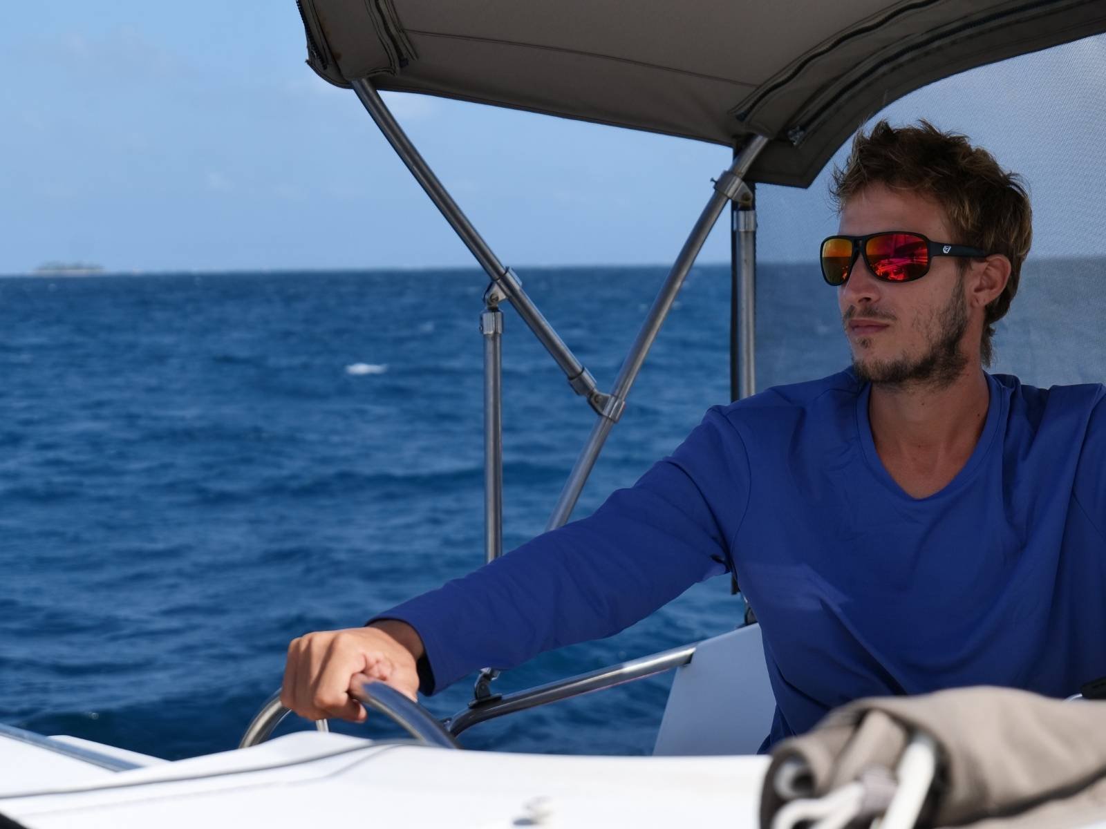 Captain sailing Lipari 41 catamaran in San Blas Panama