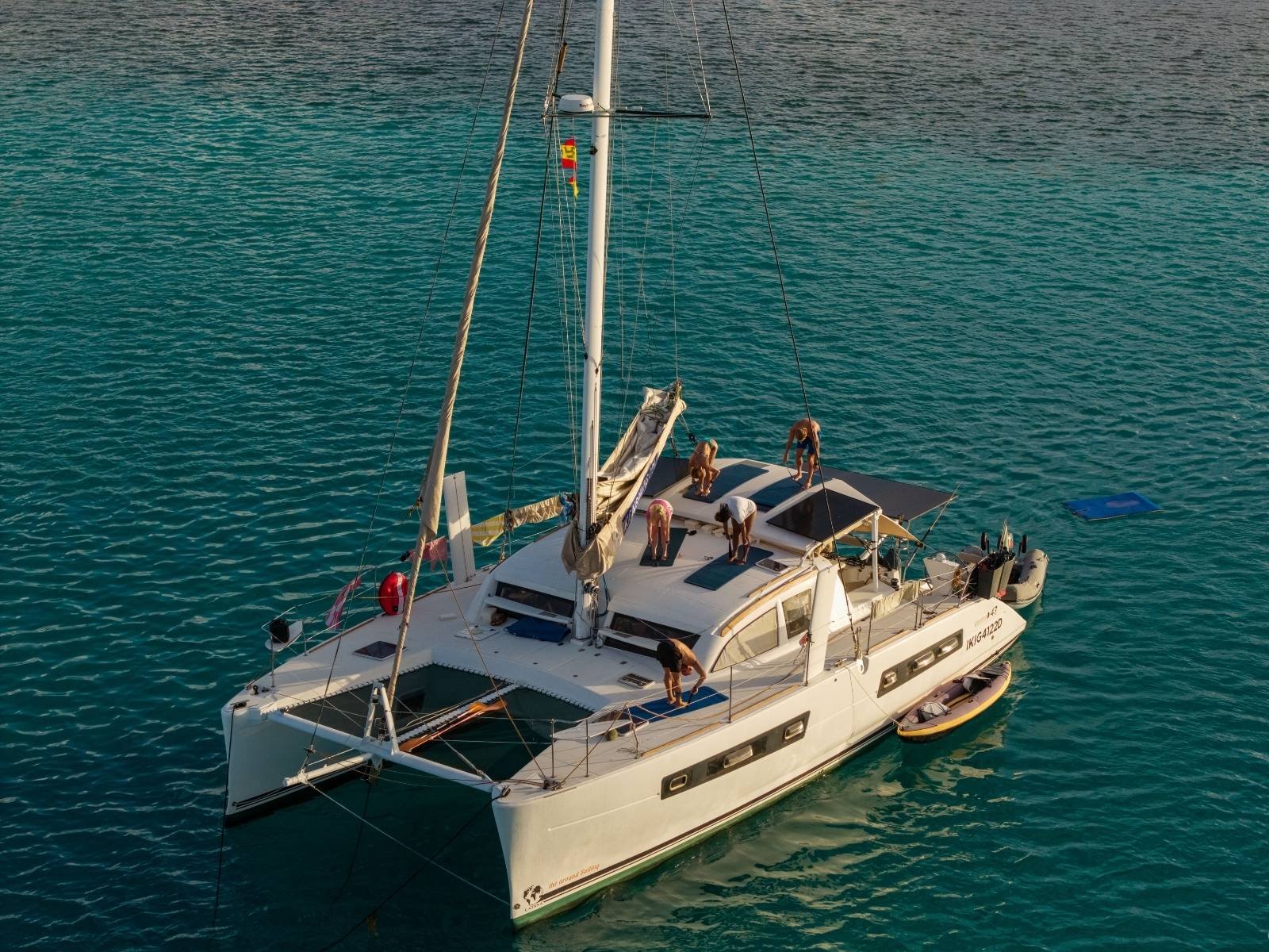 Catamaran wellness retreat anchored in San Blas Panama aerial view